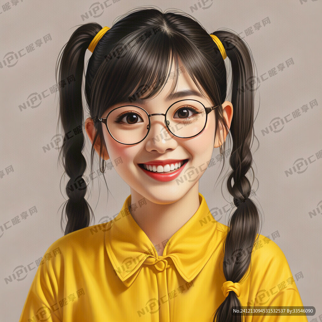 戴眼镜 扎一个马尾 有笑容的