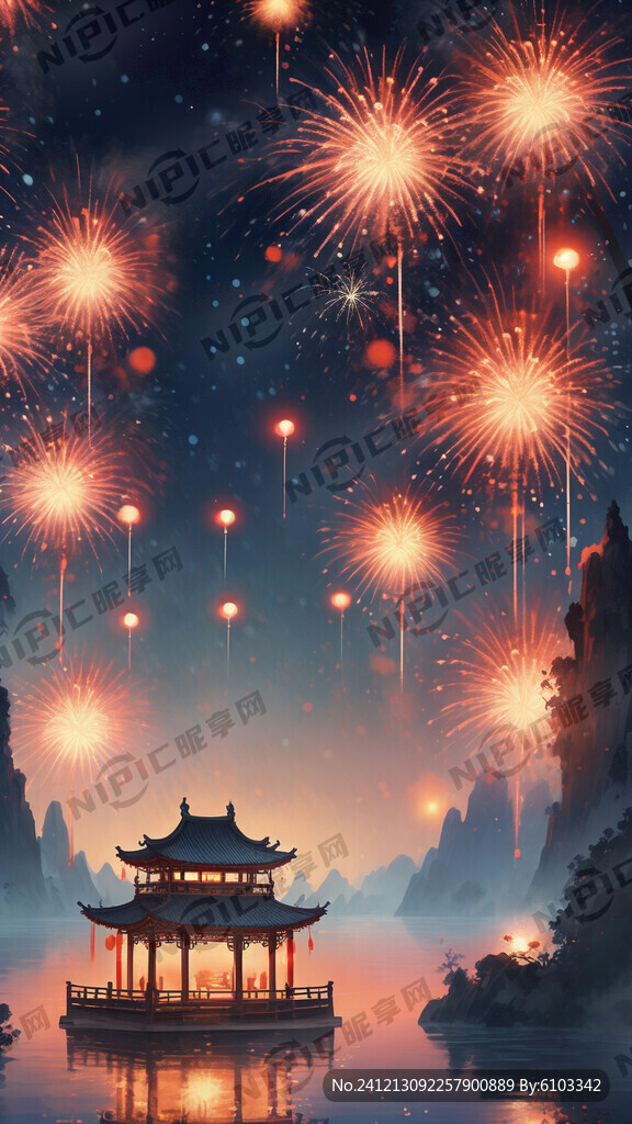 元旦跨年夜色彩艳丽的水彩画