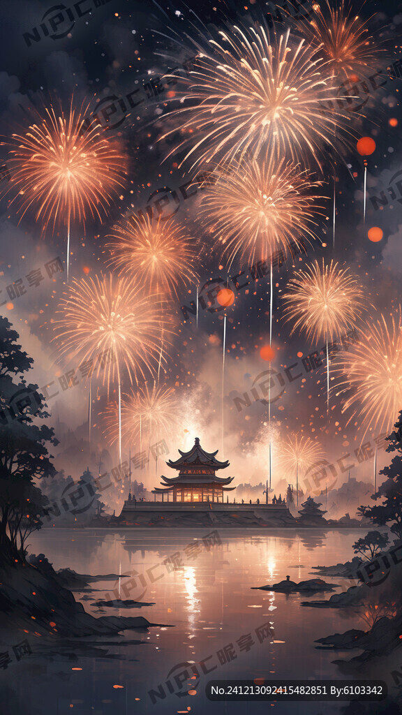跨年夜色彩艳丽的水彩画