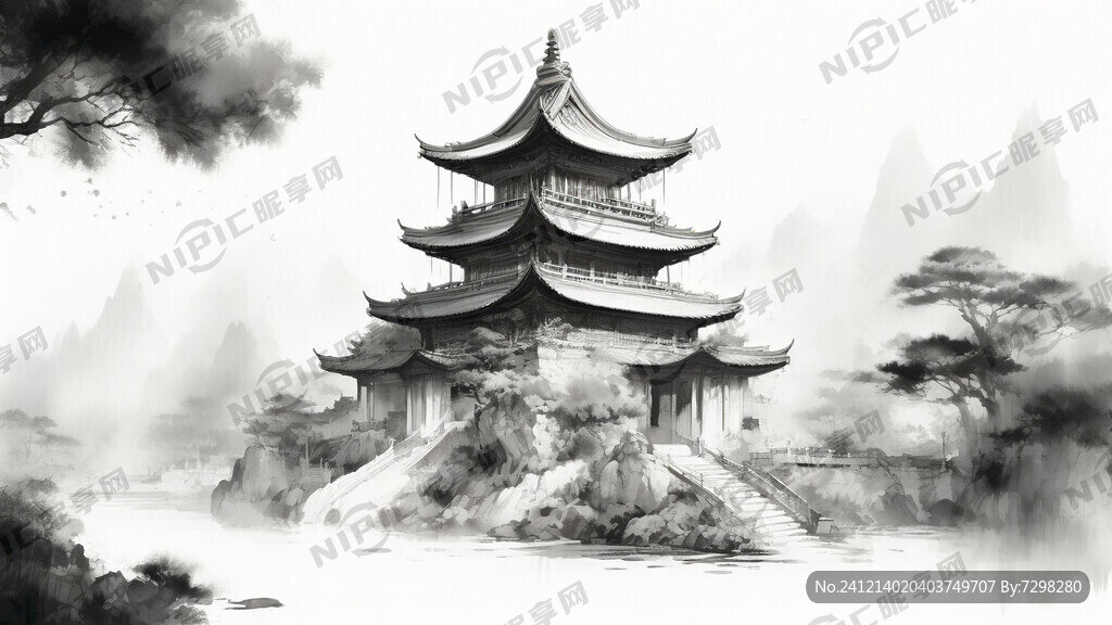 手绘 线描 古代 楼阁 中国风