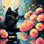 黑猫 可爱猫咪  浪漫风格 水 倒影 花丛 花丛中的猫咪 午睡的猫咪  粉色花丛 黄色花