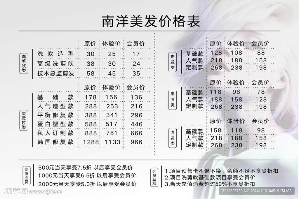 美发店价目表
