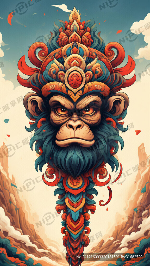 猴图腾 部落 图腾柱 插画
