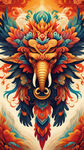 鹰图腾，猴图腾，象图腾，层叠，部落，图腾柱，插画，国潮风格，色彩鲜艳，满屏