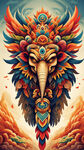 鹰图腾，猴图腾，象图腾，层叠，部落，图腾柱，插画，国潮风格，色彩鲜艳，满屏