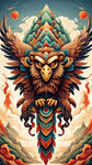 鹰图腾，猴图腾，层叠，部落，图腾柱，插画，国潮风格，色彩鲜艳，满屏