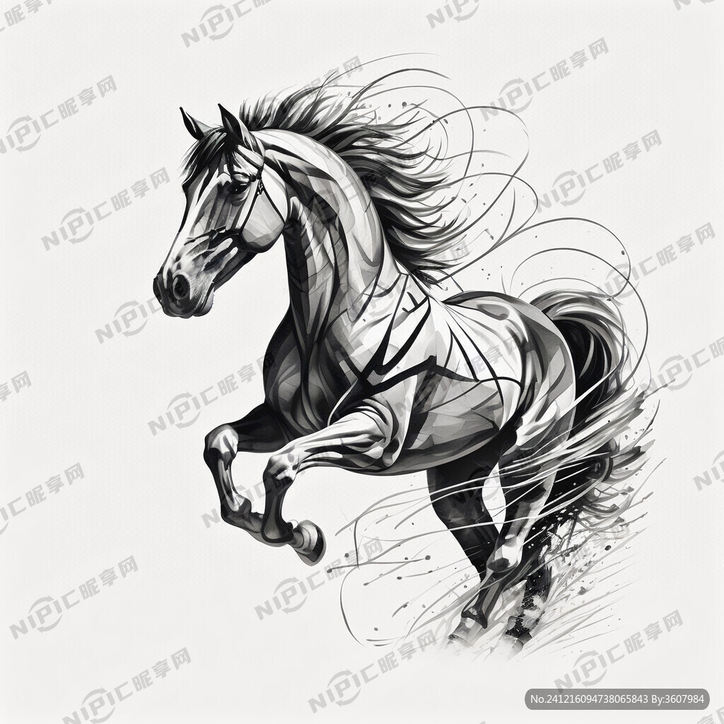 平面 单线 素描 跃马