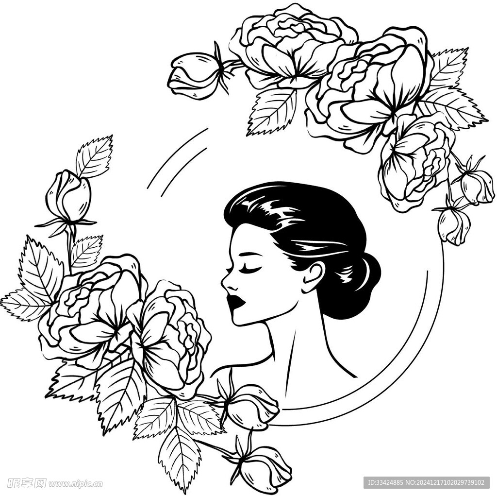 美女花朵素描