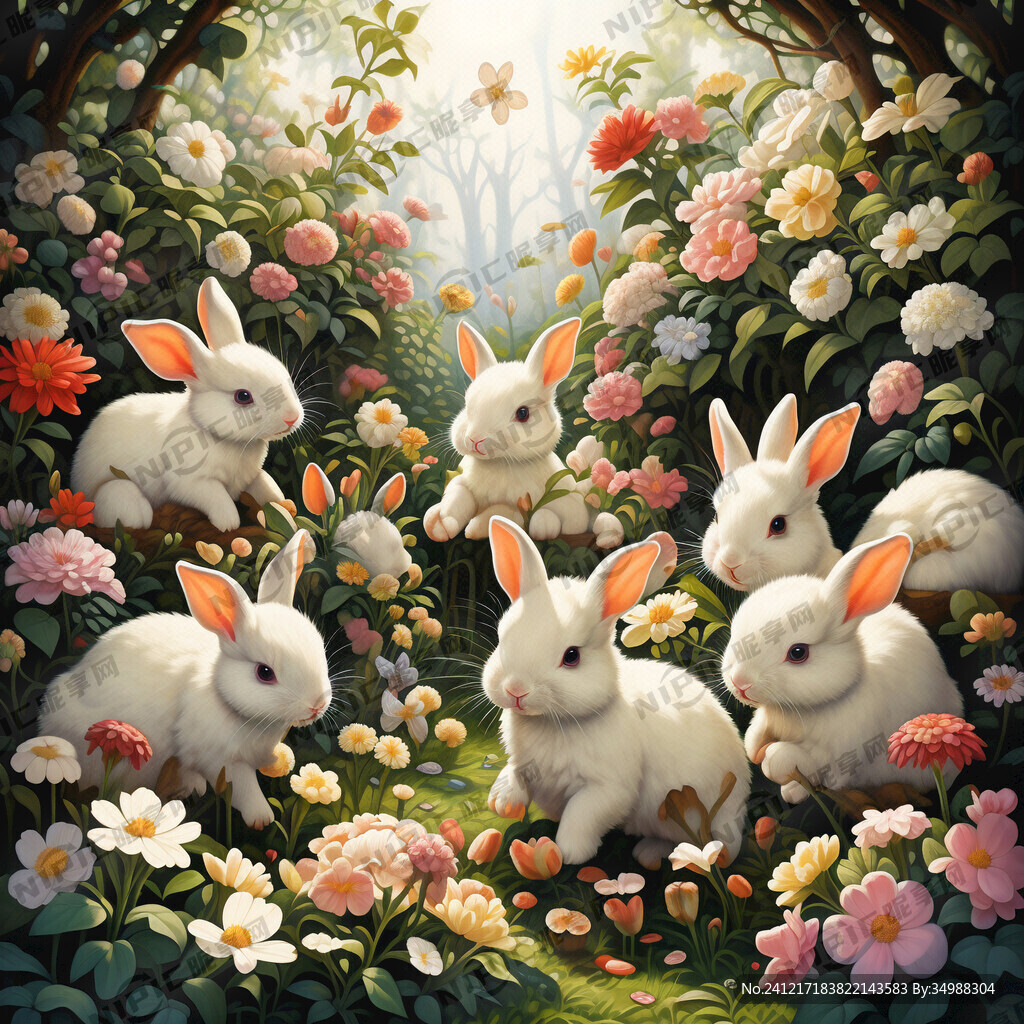 一群小白兔在花丛里