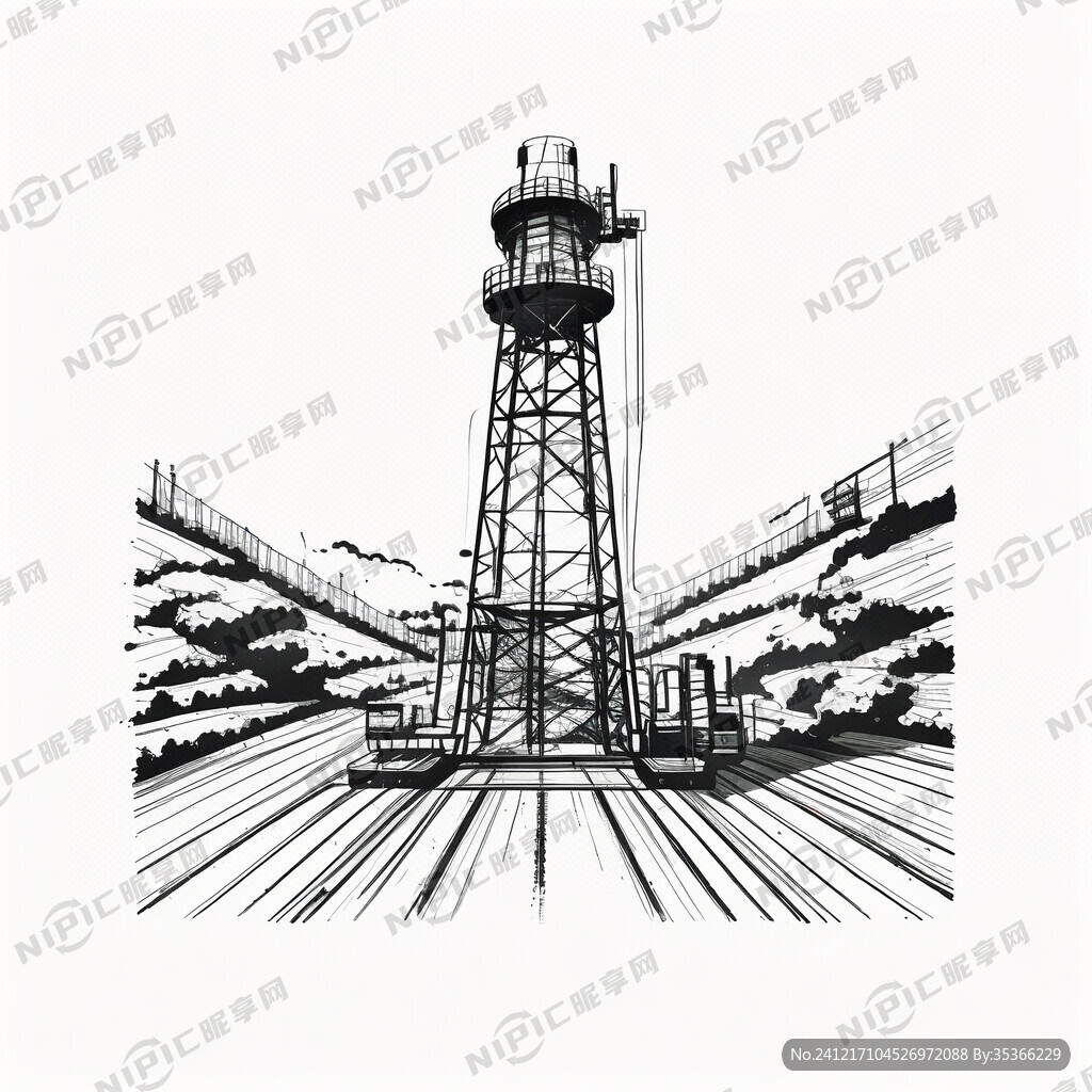 油井的线稿图、黑白线条图、平面