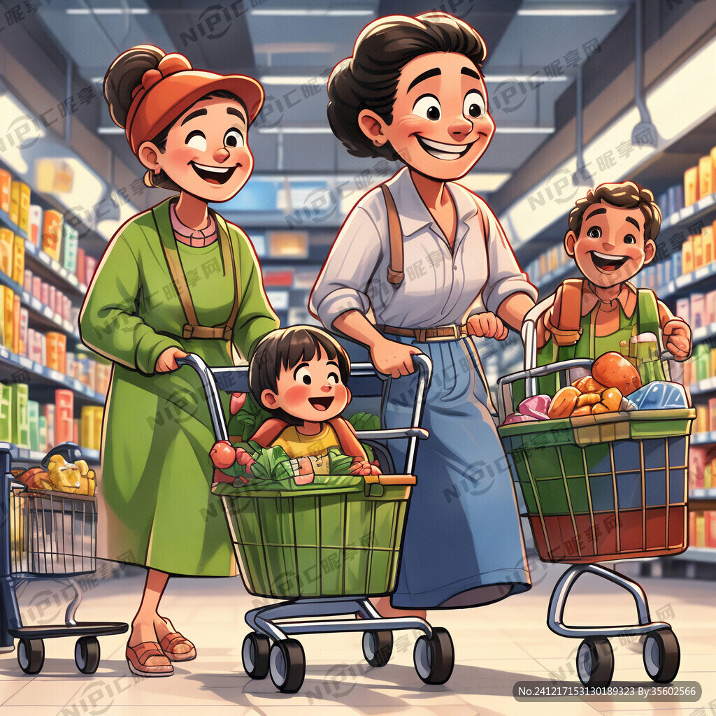 卡通一家三口推车逛超市