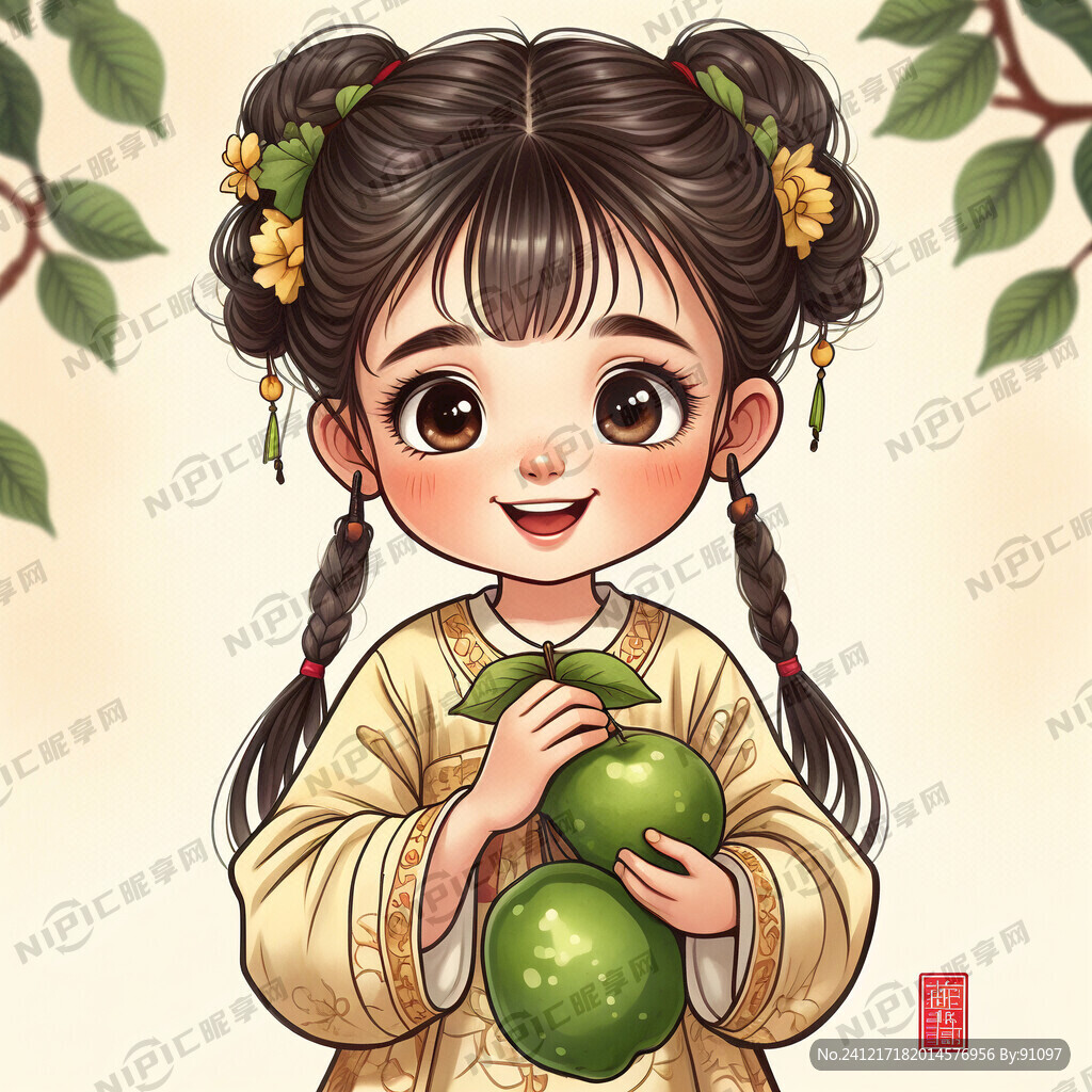 古装卡通小女孩手拿梨子