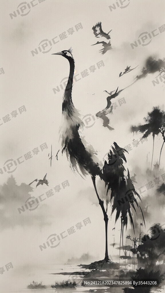 一群仙鹤天空翱翔 仿古国画