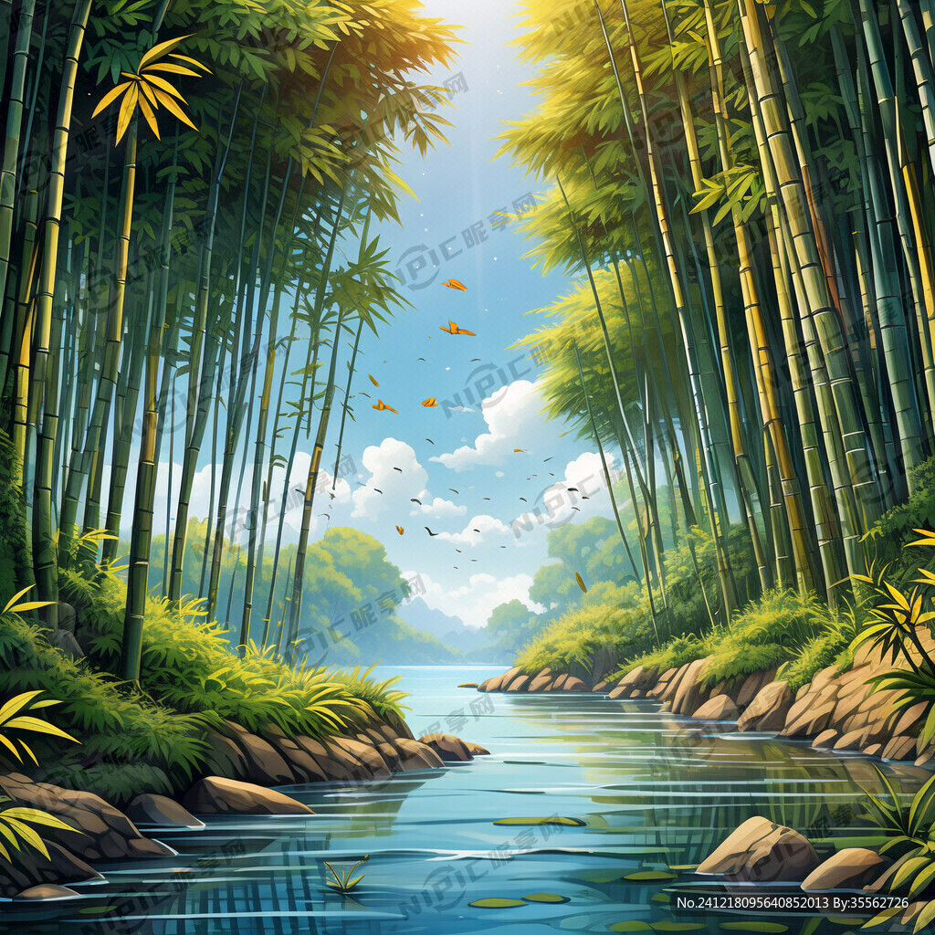 左边是竹林小溪天空
