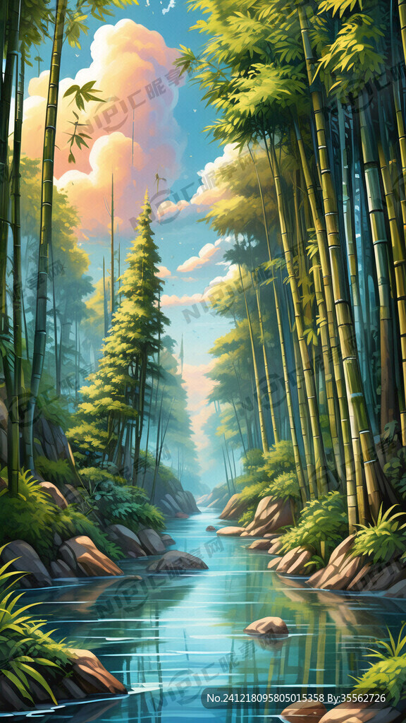 左边是竹林小溪天空