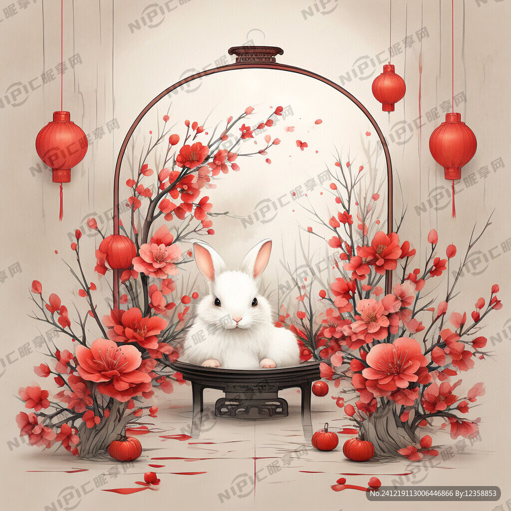 插画 春节 可爱兔子 唯美红色