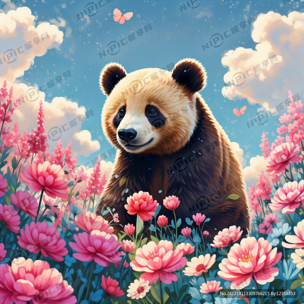 浪漫风格 梦幻场景 小熊 花丛
