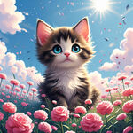 浪漫风格 梦幻场景 小猫 简笔小猫   半身猫  花丛  蓝天白云
