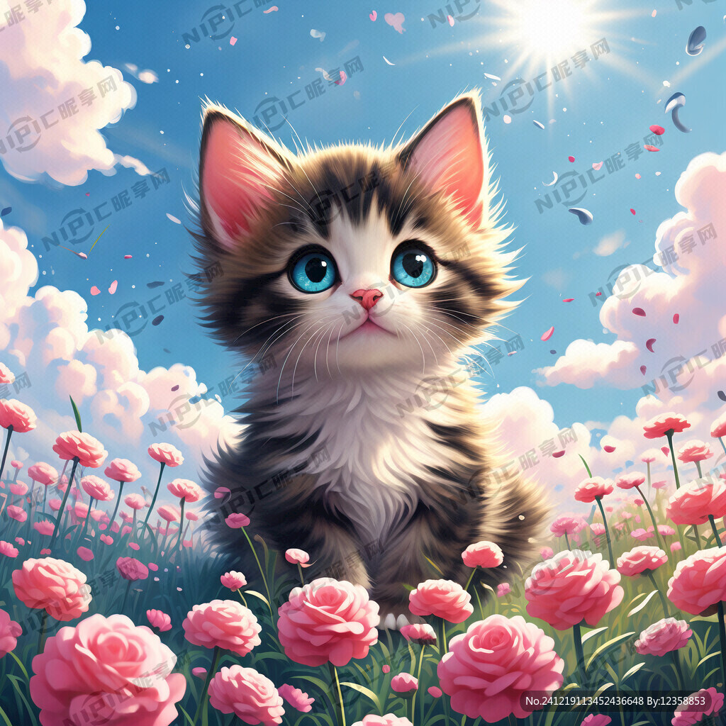 浪漫风格 梦幻场景 小猫 花丛