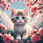 浪漫风格 梦幻场景 白色小猫 简笔小猫   半身猫  花丛  蓝天白云 桃树 桃花