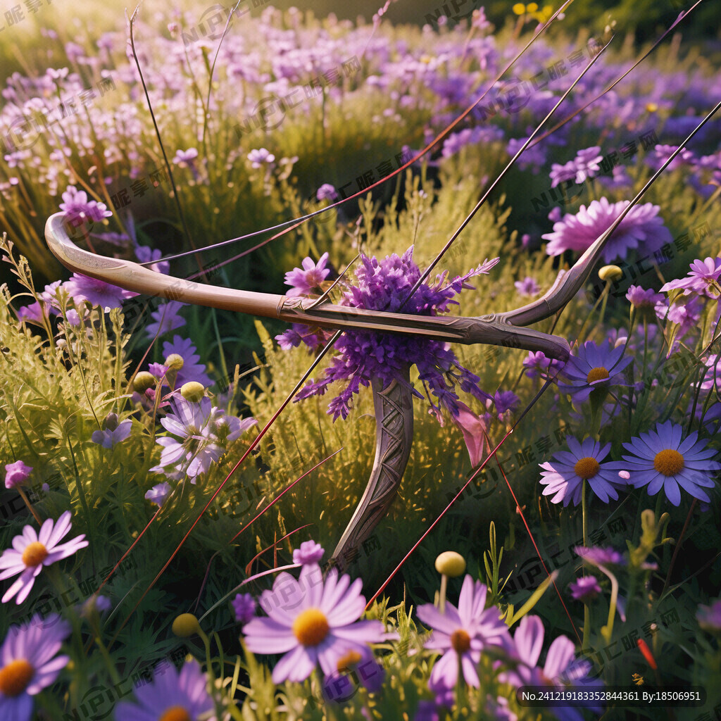 传统弓箭正面躺在浅紫浅黄的花丛