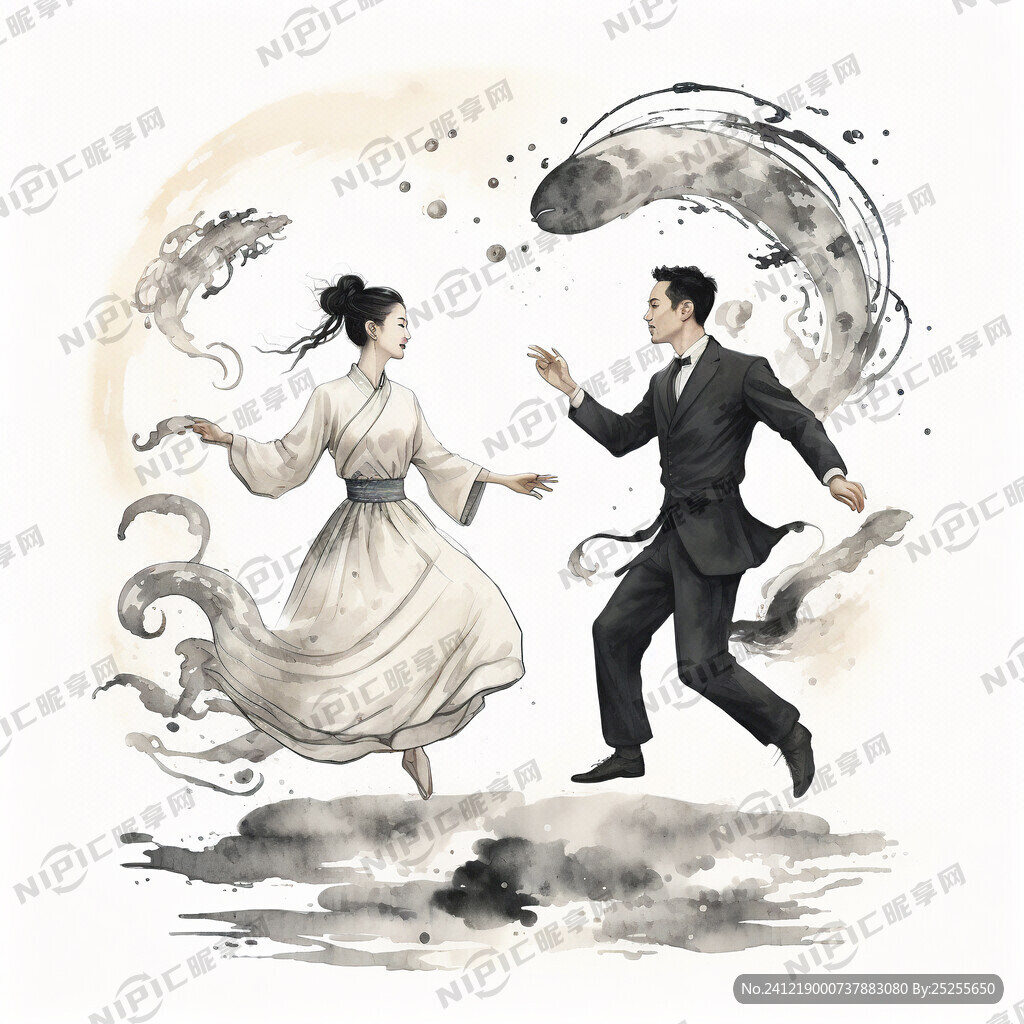 一男一女两人在空中的云层开心的