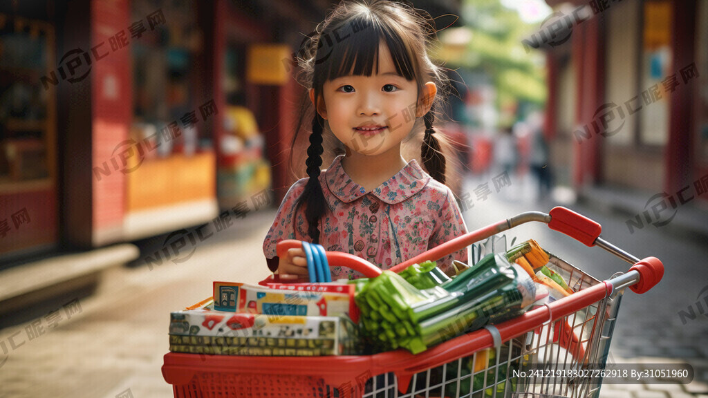 推着装满商品的大购物车小女孩