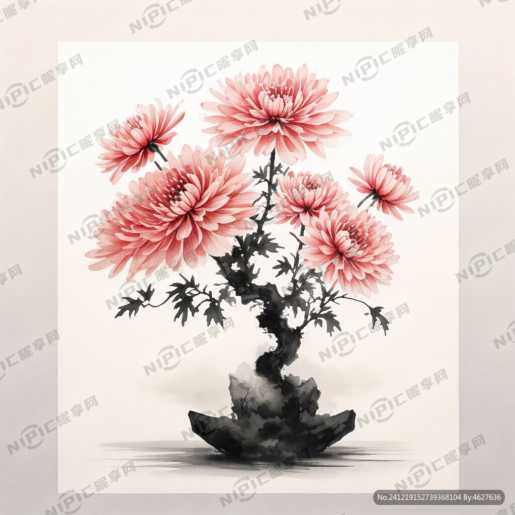 中国画 水墨风 一盆菊花的盆景