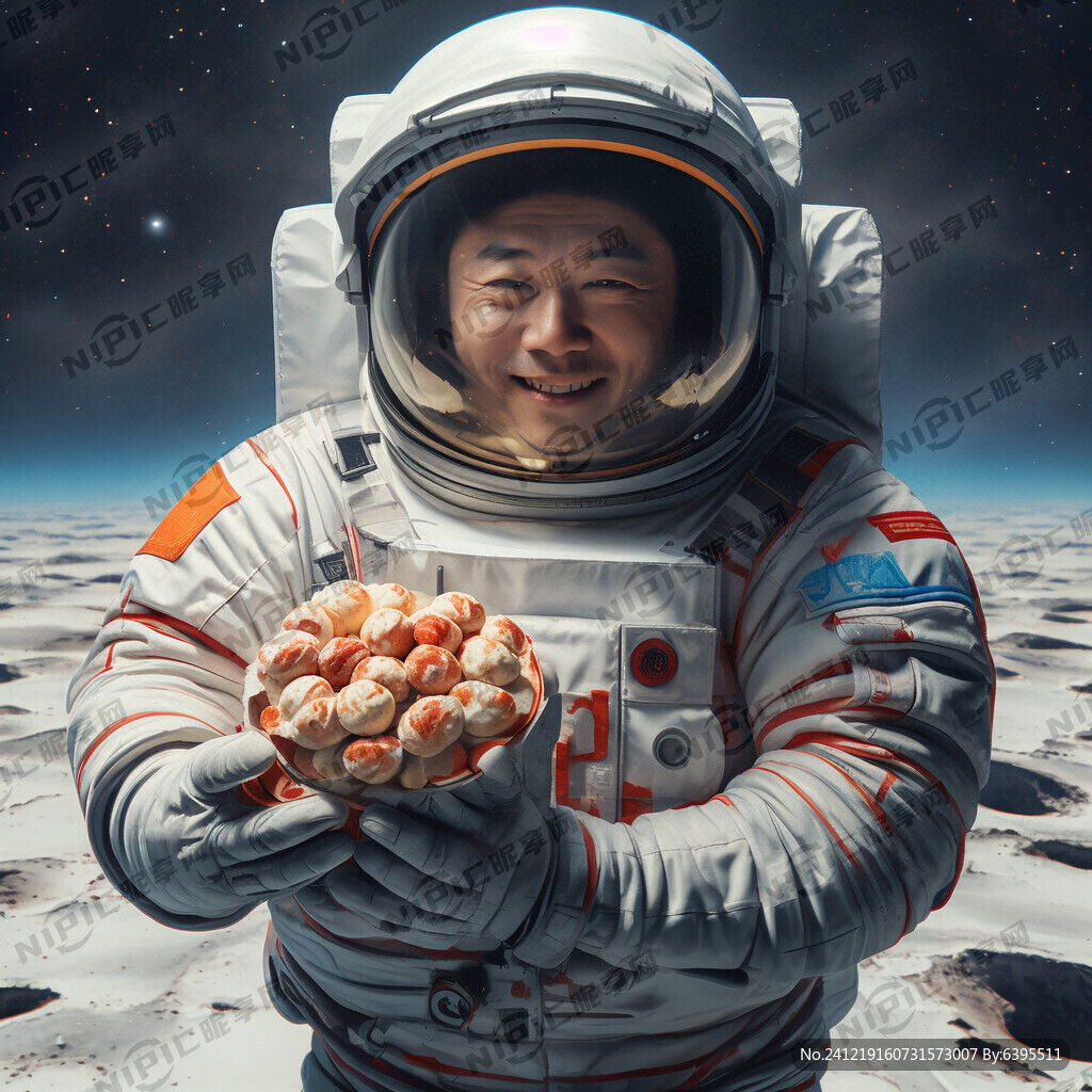 宇航员抱着一个巨大的汤圆