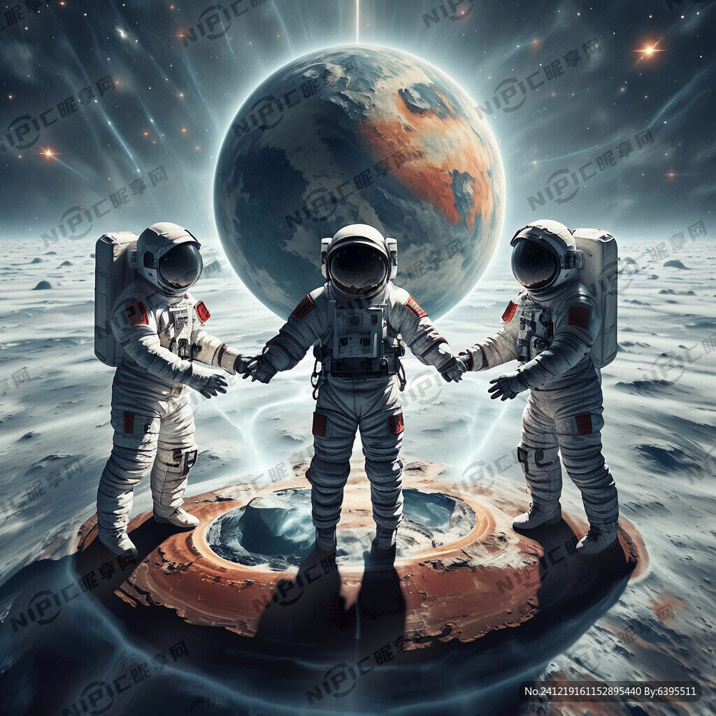 几个宇航员手拉手围着一颗星球