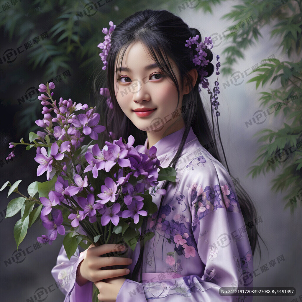 少女手拿着花  正面  紫色