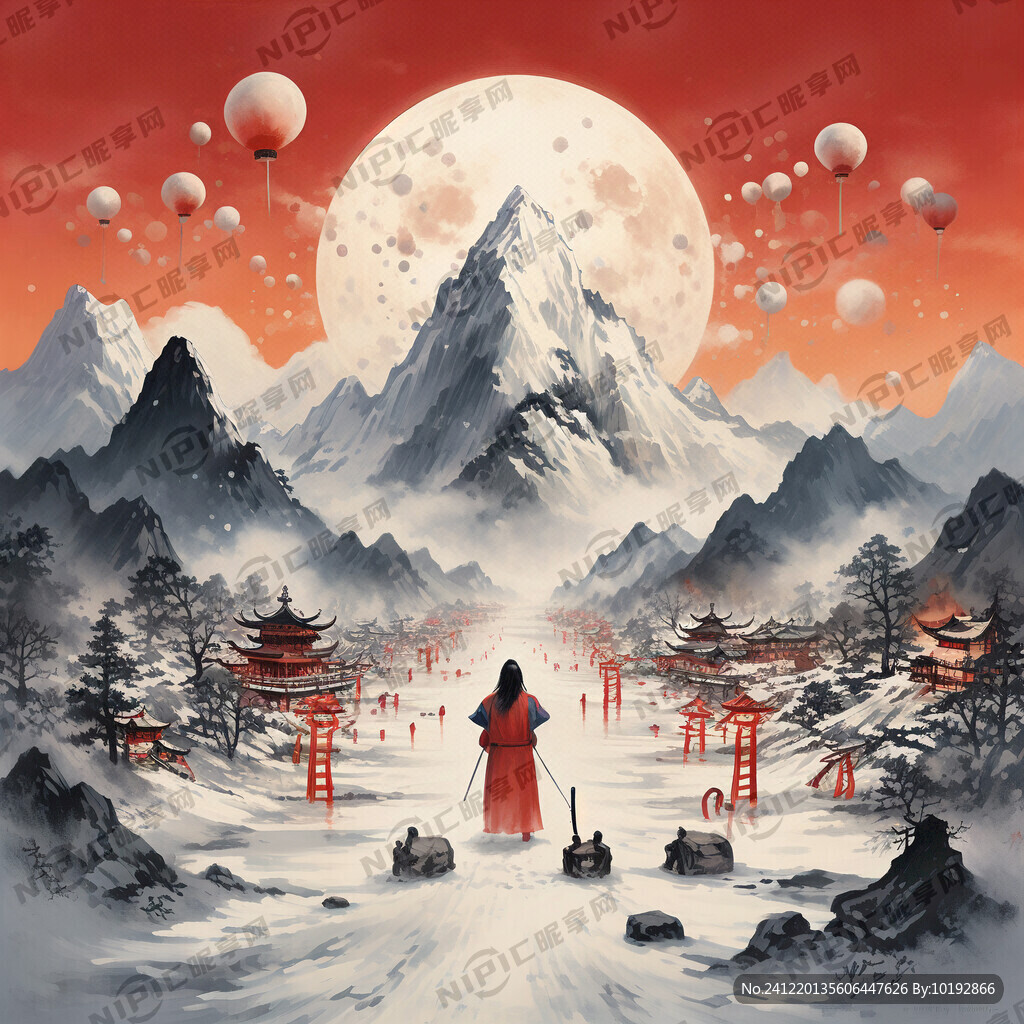 雪山 新年 爆竹 灯笼 插画