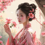 中式美女 粉色衣服 纱衣  桃花妆  柳眉细腰 桃花瓣 侧脸 凝视 手持鲜花 温柔 妩媚    近照 暖色调 阳光