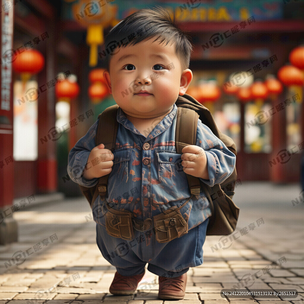 胖胖男孩背着书包