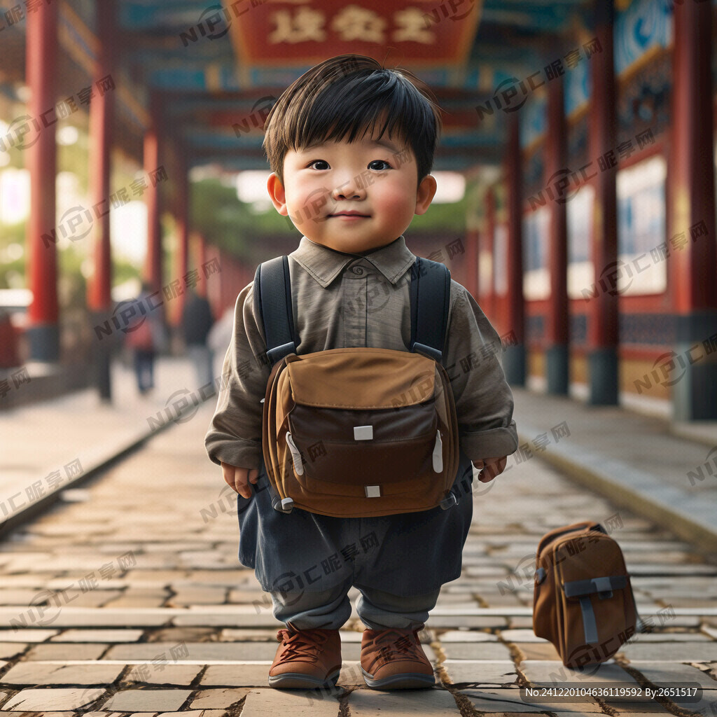 胖胖男孩背着书包背影