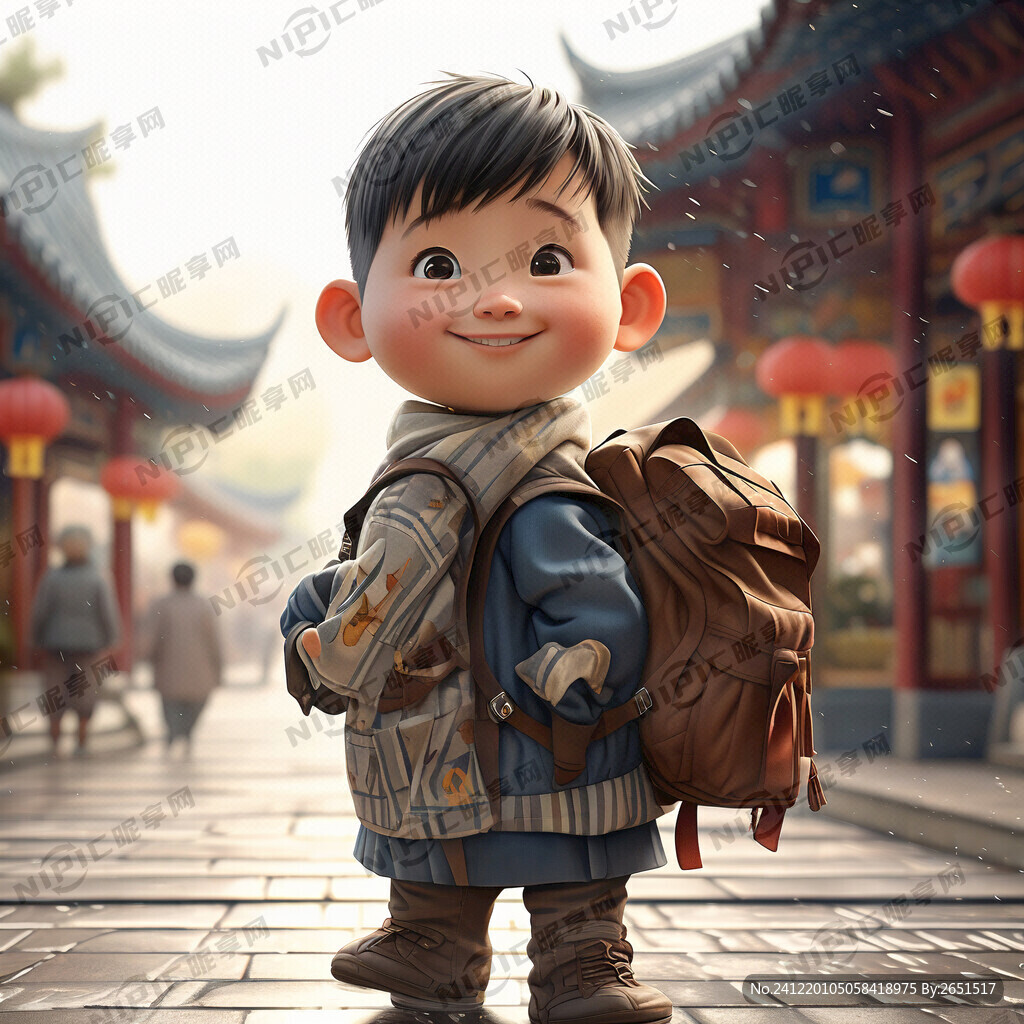 胖胖 可爱男孩 背书包 背面