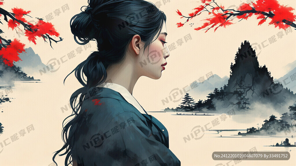 青山 女性 背影 唯美 插画