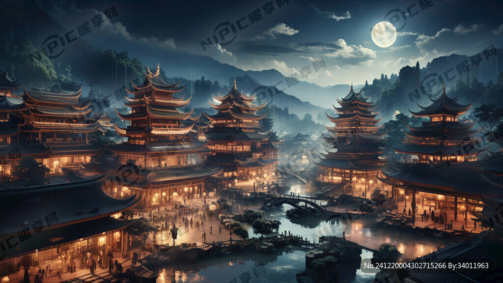 侗寨唯美夜景全景图 有一轮弯月