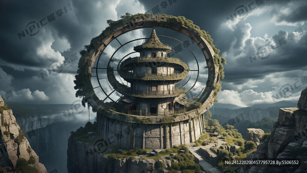 悬崖边上的圆形石头塔在狂风暴雨