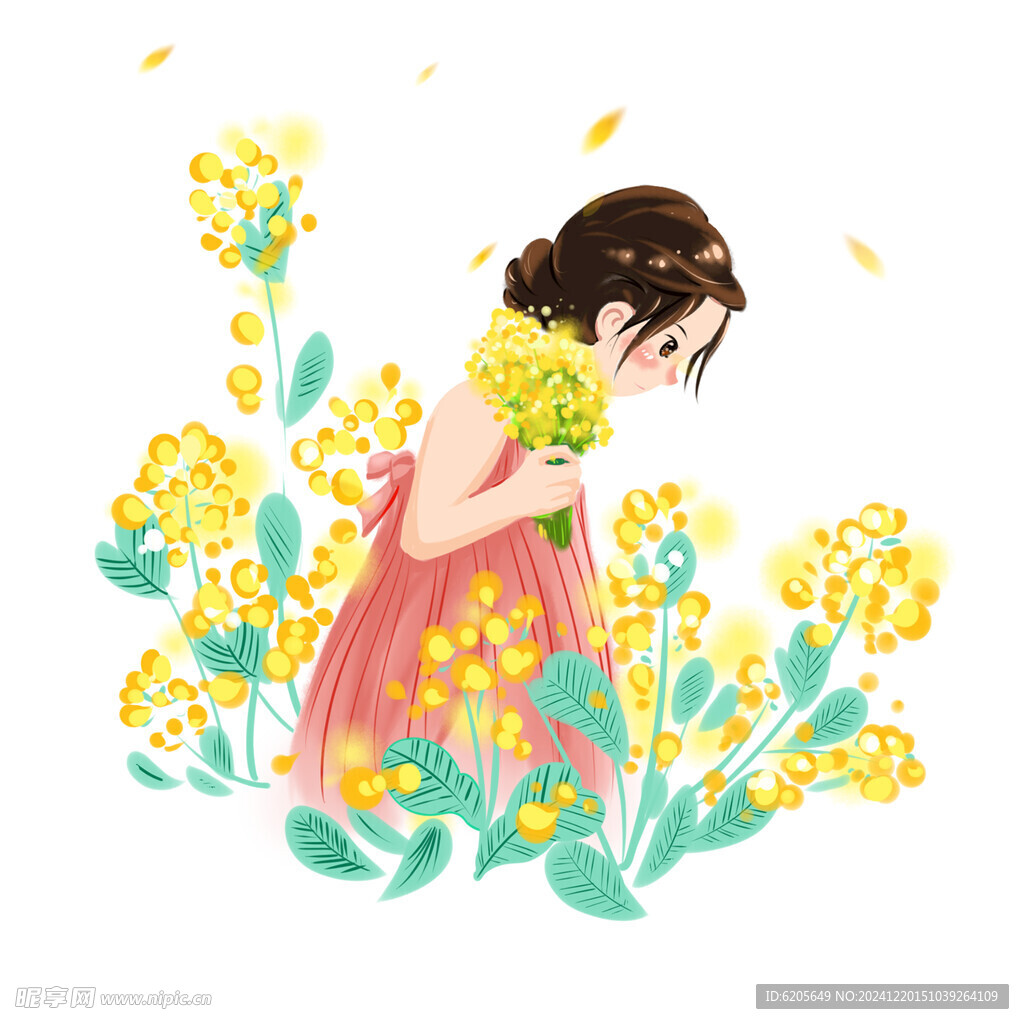 油菜花女孩水彩画