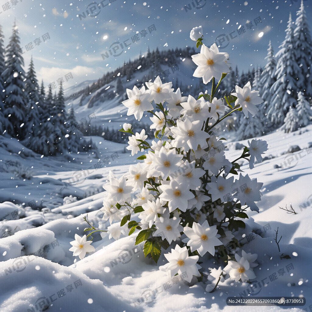雪地里开满白色的茉莉花 远景