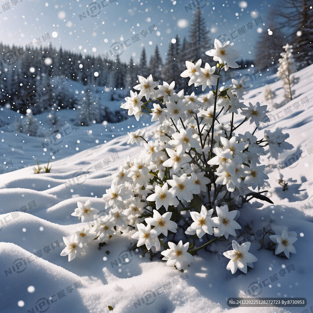 雪地里开满白色的茉莉花 远景