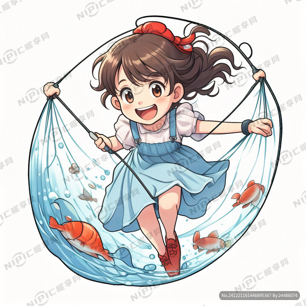 16岁女孩拿着小型打捞网里有鱼