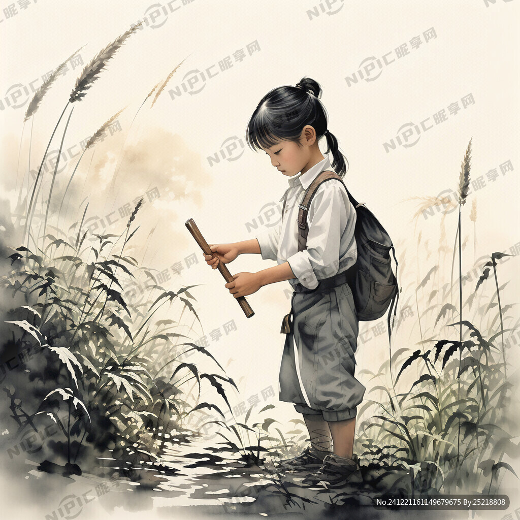 中国小学生在田地站着锄草