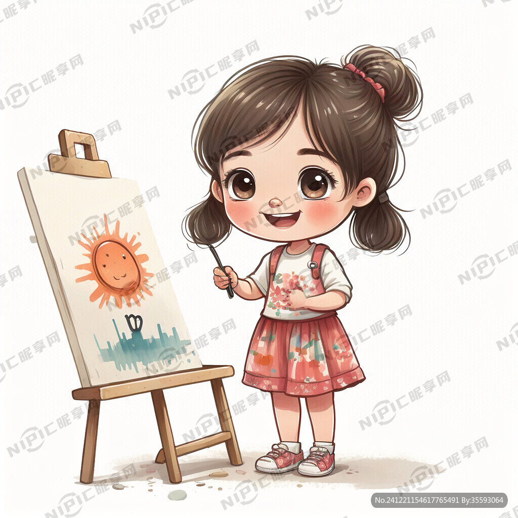 卡通小女孩在画画 有画板