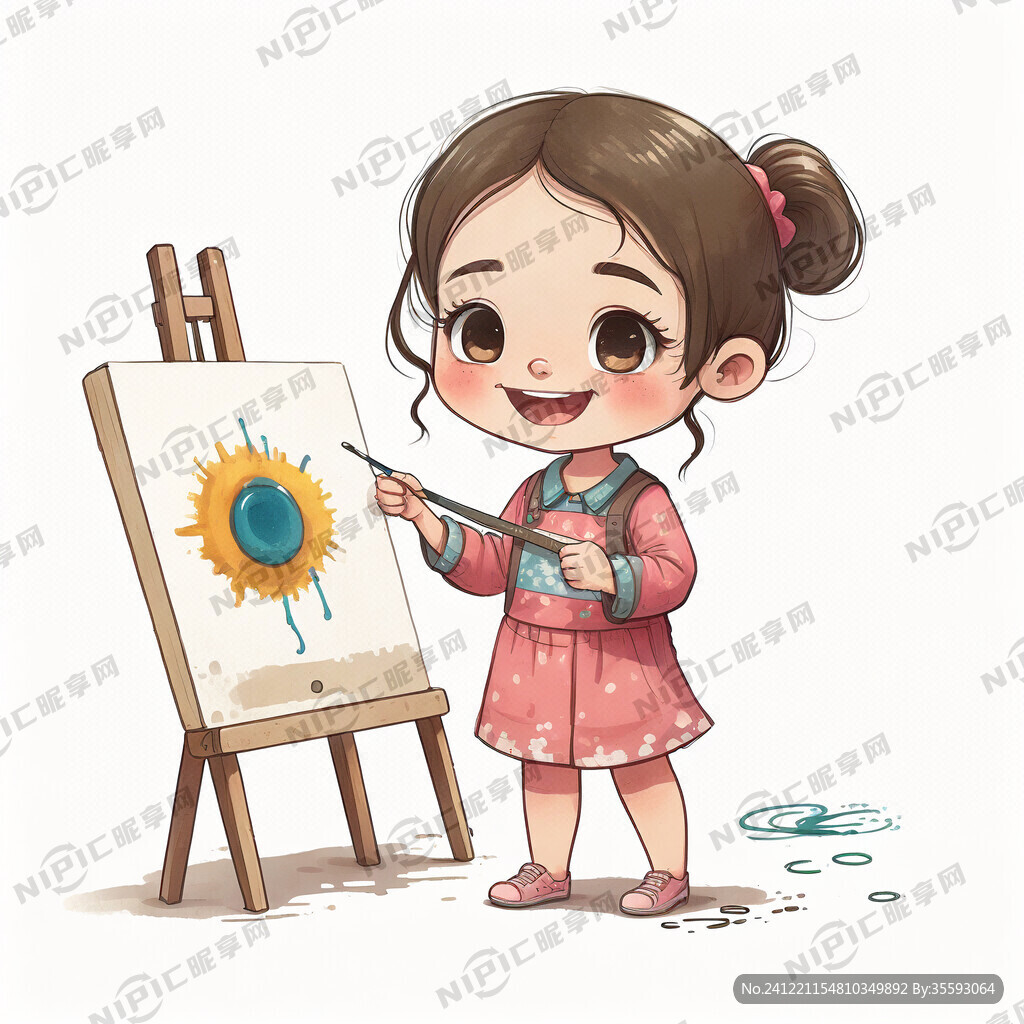卡通小女孩在画画 有画板