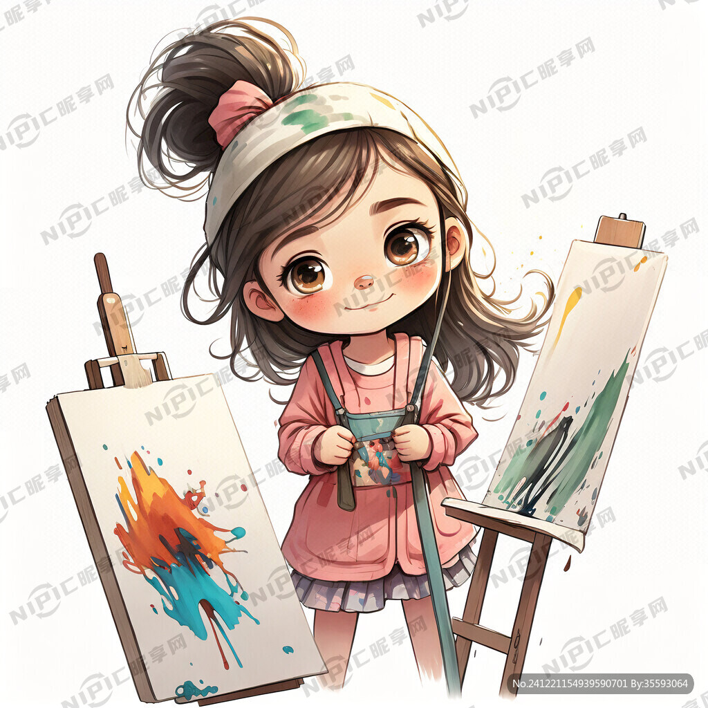 卡通小女孩在画画 有画板