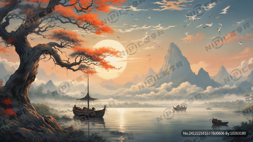 白云 太阳 树 船 鸟 白背景