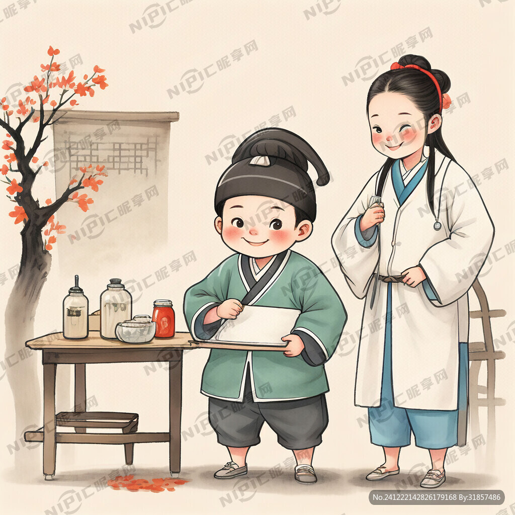 中医药文化儿童 全身画 水墨风