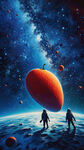 蓝色背景在星空 一个太空人在太空中漫步 一个手绘又大又红芒果